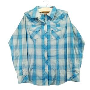 Bit & Bridle Long Sleeve Button Down Shirt SZ L Blue Plaid Pearl Snaps